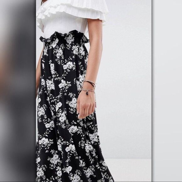 Tall Paper Bag Waist Floral Maxi Skirt long Black White Classic Neutral - Picture 3 of 3